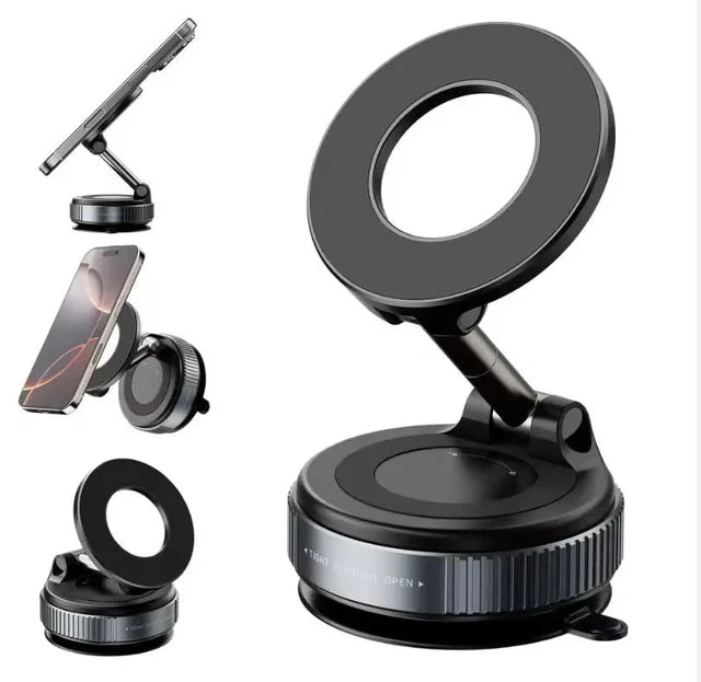 360 Degree Vacuum Suction Car Phone Mount With Magnetic Adjustable Dashboard Stand Strong Grip Universal Mobile Device Holder For Car Mirror Portable Folding Design Compatible With iPhone Android