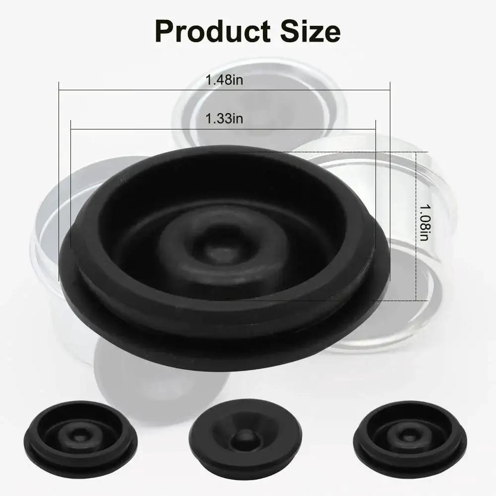 4 Pack Trailer Hub Cap Rubber Plugs For 1.98 Inch Hubs in black rubber material shown with size dimensions.