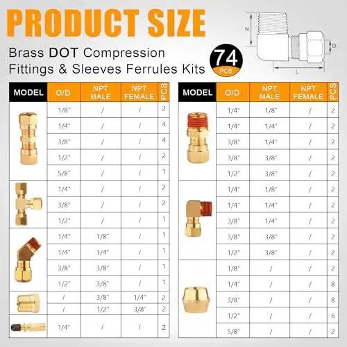 Product size chart for Premium DOT Air Brake Line Fittings Kit With 74Pcs Includes Union Connectors and Tube Tees with various dimensions.