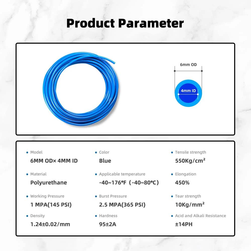 Blue Polyurethane Pneumatic Tubing Kit For Air Or Fluid Transfer, 6mm Outer Diameter And 4mm Inner, shown coiled with parameters.