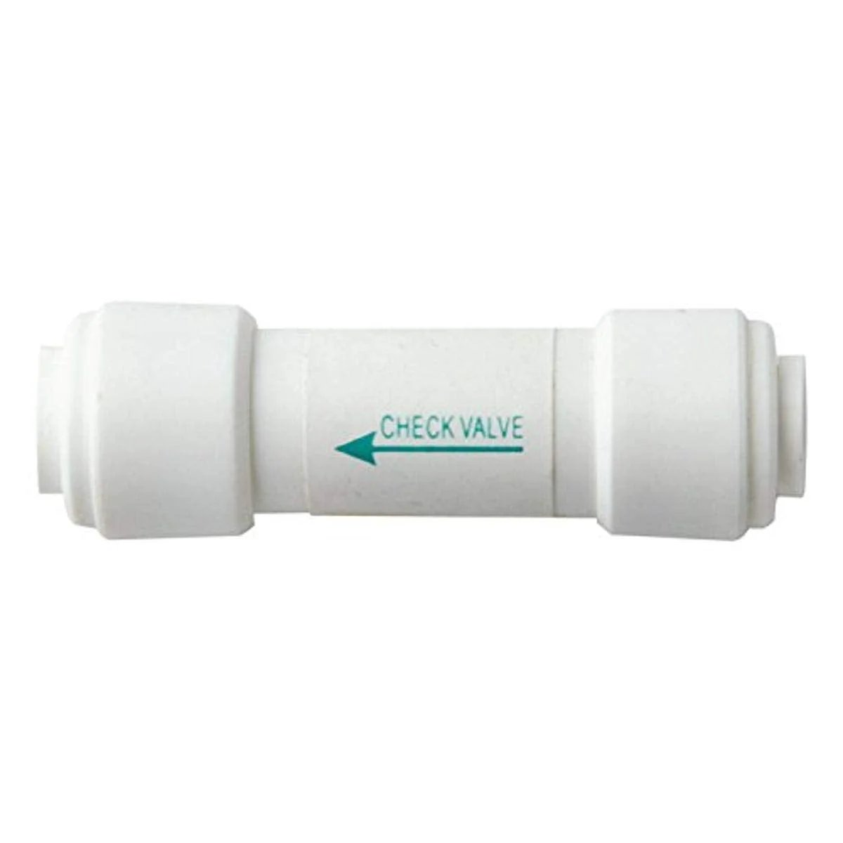 Check Valve For Reverse Osmosis Water Filter With Quarter Inch Quick Connect Fitting Installs On Membrane Housing Outlet Prevents Backflow Compatible With Most RO Systems By iSpring, white cylindrical plastic check valve on white background.