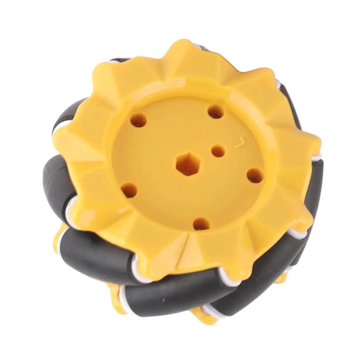 Close-up of Mecanum Wheel Kit For DIY Smart Car Projects with 80mm ABS rubber wheel for TT motors by Fafeicy, top view.