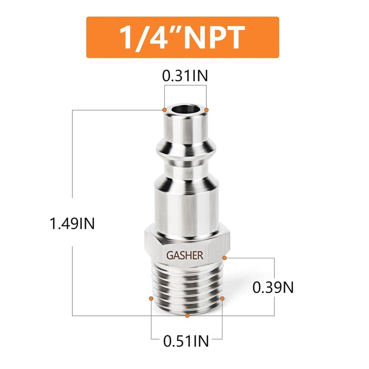 One of the Five Pack Industrial Air Plugs In 304 Stainless Steel One Quarter Inch MNPT Threads For High Flow Pneumatic Systems
