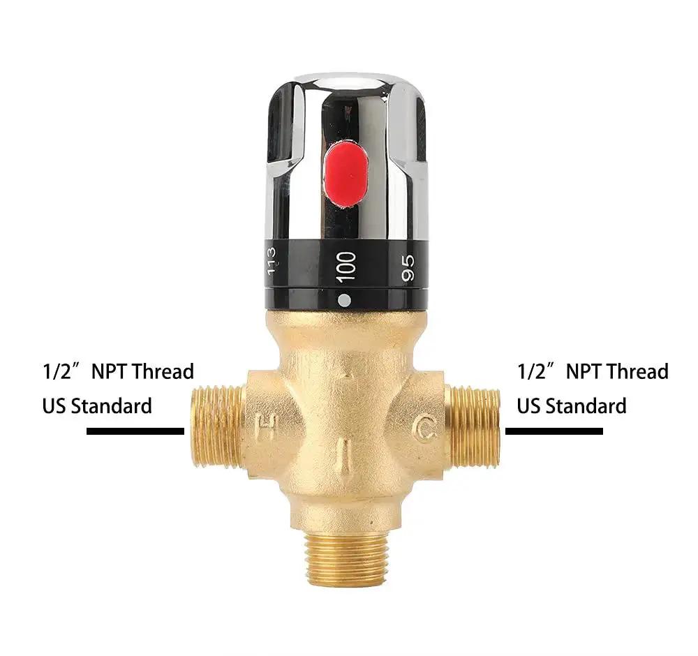 Shower Thermostatic Mixing Valve From TreMax With One Half Inch NPT Thread US Standard, solid brass in gold with Fahrenheit scale markings.