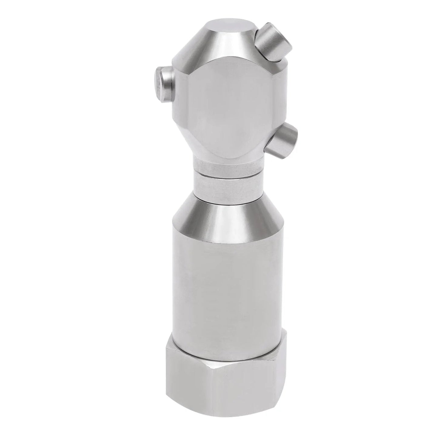 360 Degree Rotating Spray Nozzle In 304 Stainless Steel Heavy Duty High Pressure Rotary Cleaning For Barrel And Tank Washing No Tools Required To Install Just Connect Half Inch Inlet With Fifty Liters Per Minute Flow And Three Outlets For Wide Coverage