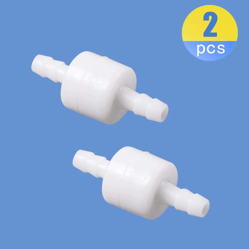 Two white PVDF plastic one way inline check valves with hose barb for fuel oil water gas lines, non return, spring loaded, two pack by Quickun.