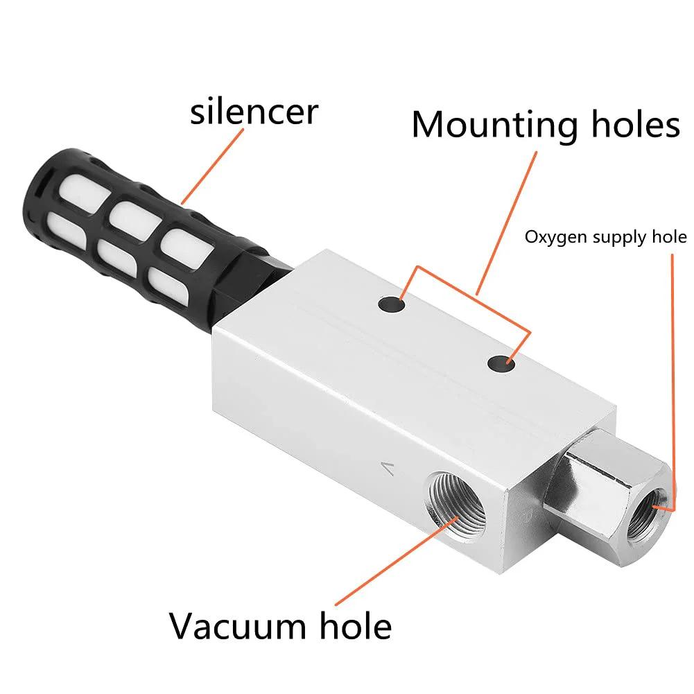 CV-20HS Vacuum Generator Pneumatic Exhaust Air Ejector With Silencer Aluminum Alloy Build showing silencer and vacuum hole.