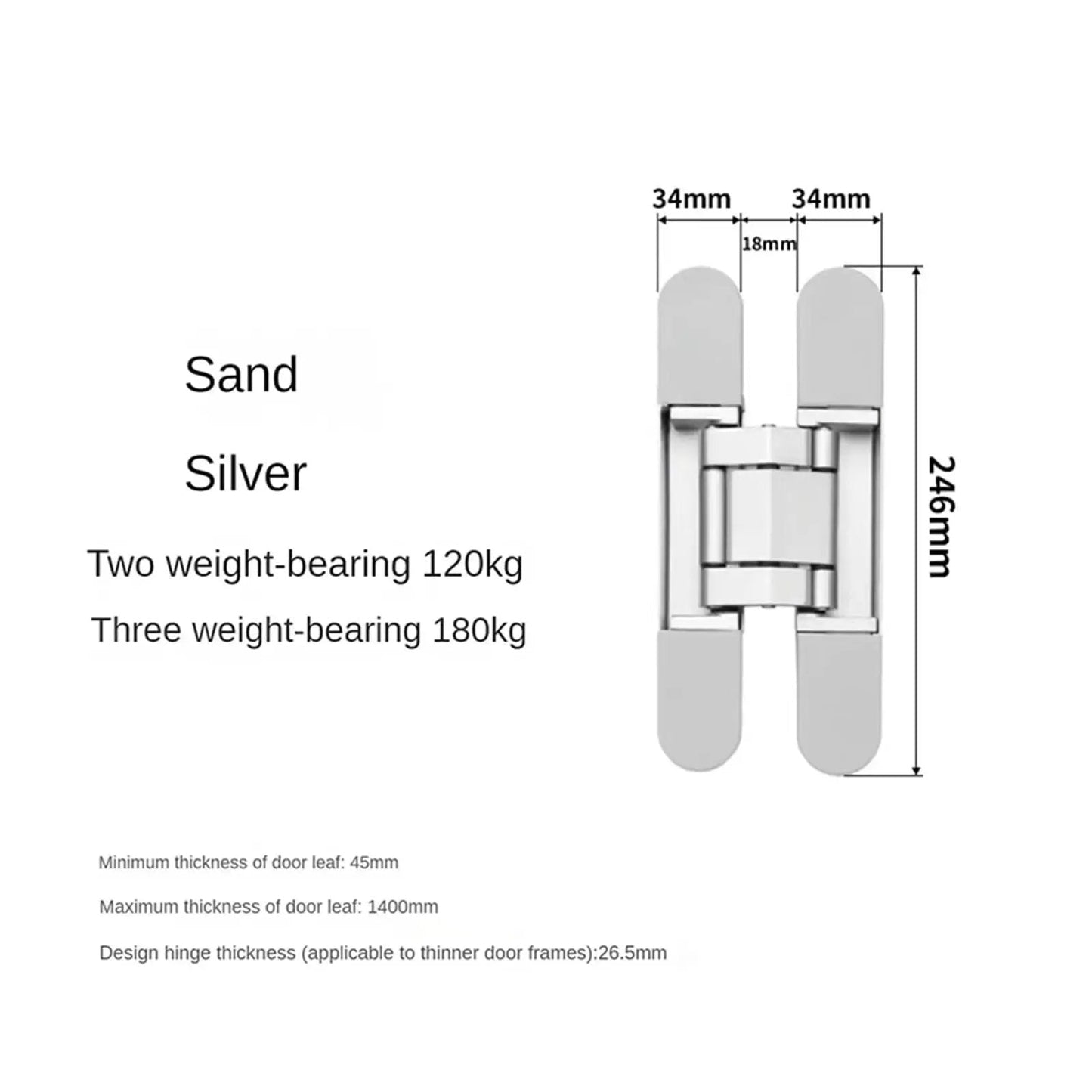 Stainless Steel Hidden Door Hinge For Cabinets And Front Doors Invisible Interior Mount Adjustable Cross Load Bearing 120 To 180 Kg Ultra Quiet Durable Easy Install With Shallow Slot Completely Concealed Silver, side view with measurements