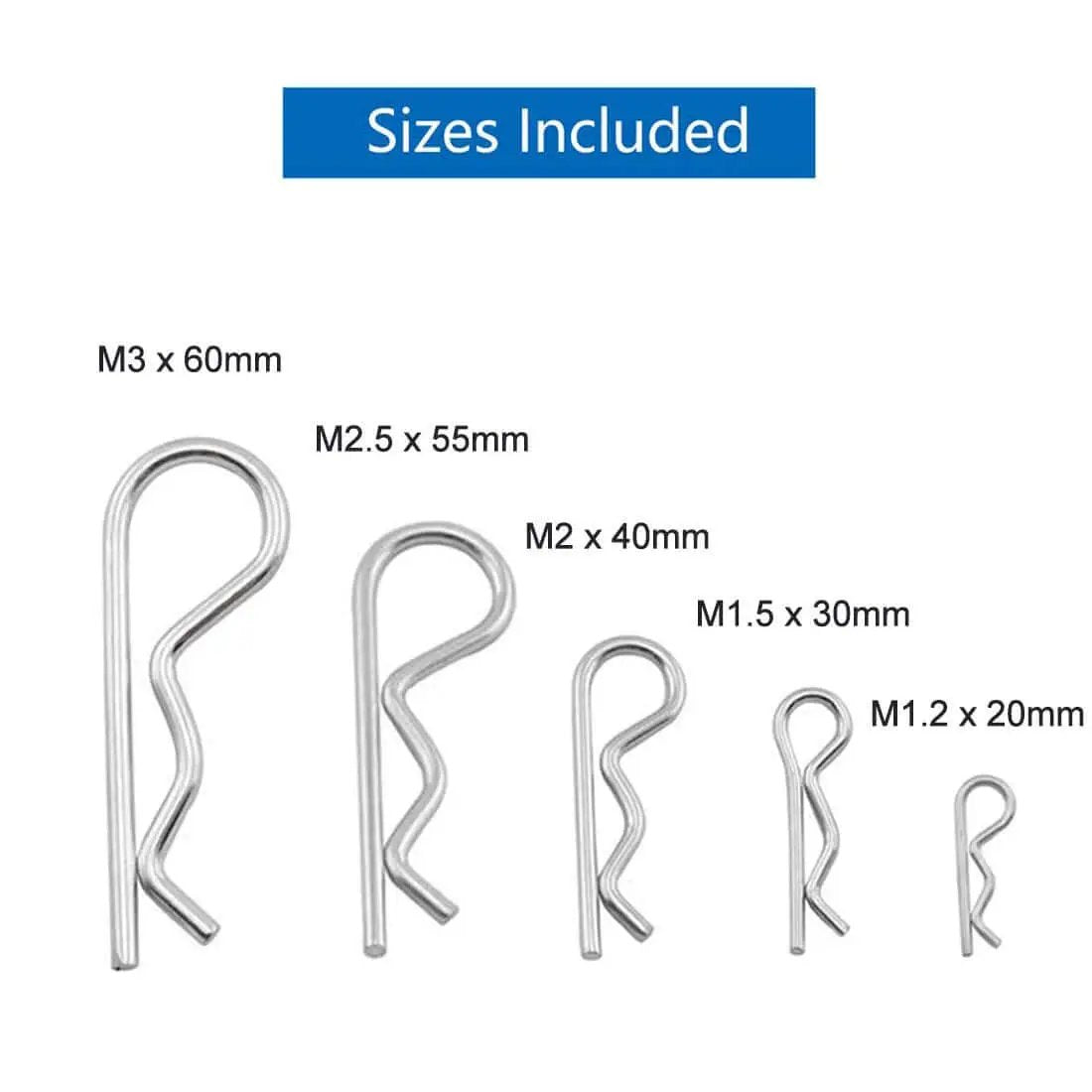 25 Piece Cotter Pin Set For Heavy Duty Use, Zinc Plated Hairpins Assortment With 5 Sizes M1.2x20mm to M3x60mm shown