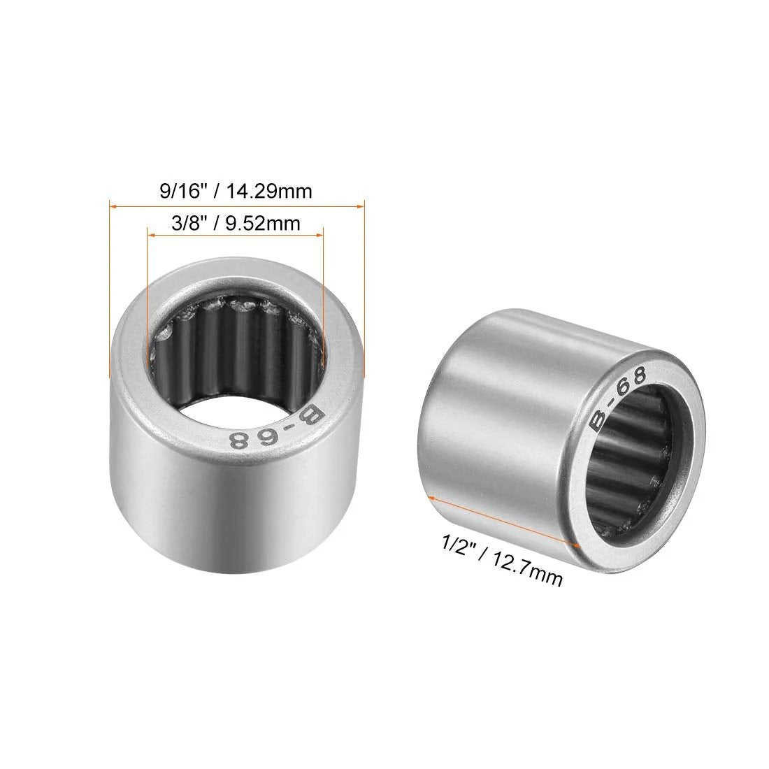 Heavy Duty Needle Roller Bearing B68 Full Complement Open Cup 3/8 In ID 9/16 In OD 1/2 In Width Pre Lubricated 2 Pack