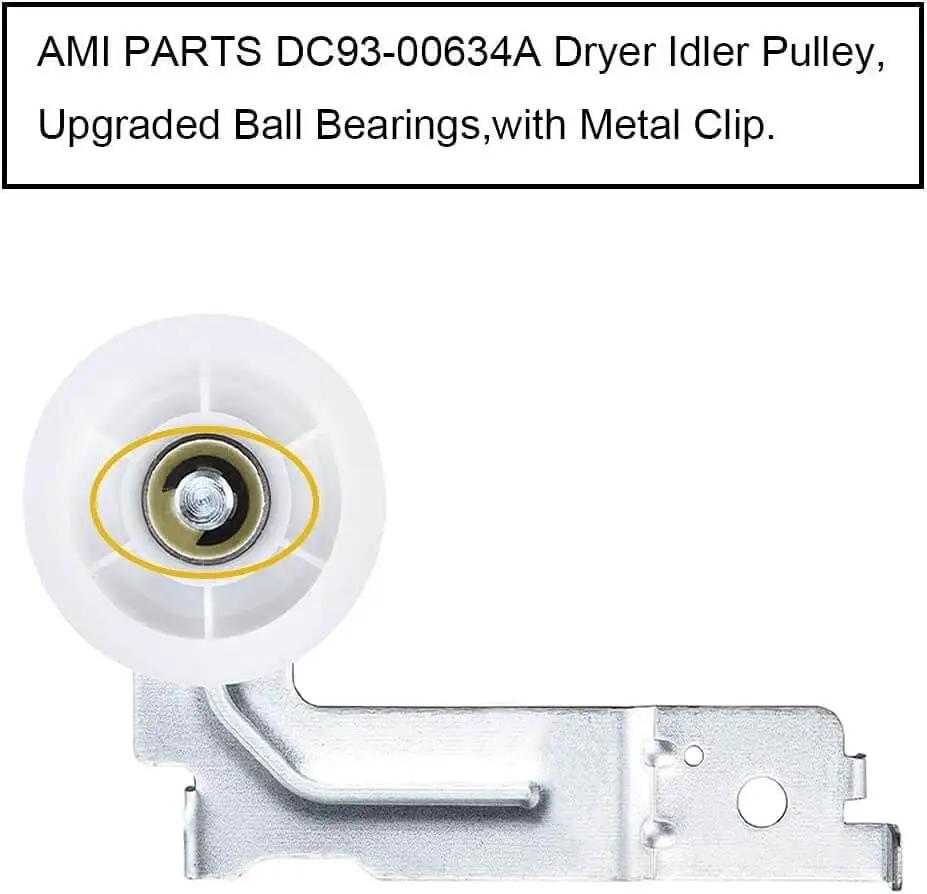 Single dryer idler pulley assembly with upgraded dual sealed ball bearings, replaces PD00032419, shown with metal bracket