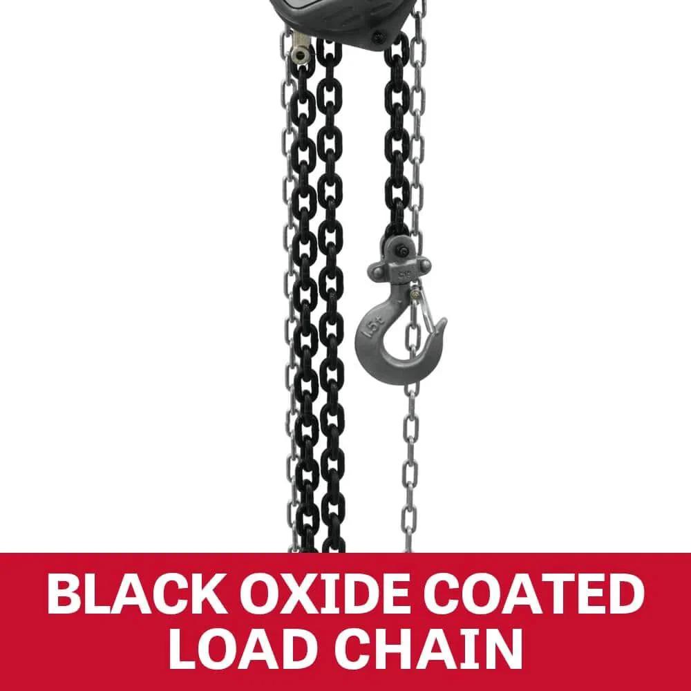 3 Ton Hand Chain Hoist With 15 Ft Lift, Industrial Grade Wire Rope Hoist showing black oxide coated load chain and alloy hook.
