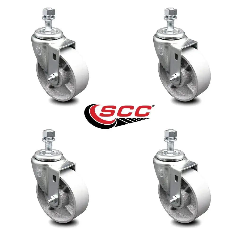 Heavy Duty Swivel Caster Set Of Four With Four Inch Silver Wheels And Half Inch Threaded Stems For Industrial Carts And Work Benches Semi Steel Cast Iron Construction Built Tough 1200 Lb Total Capacity Includes Four Swivel Casters Service Caster Brand