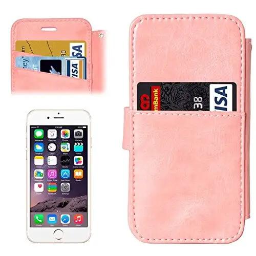 Pink leather phone case with card slots, shown with inserted credit cards, next to an iPhone with home screen displayed.