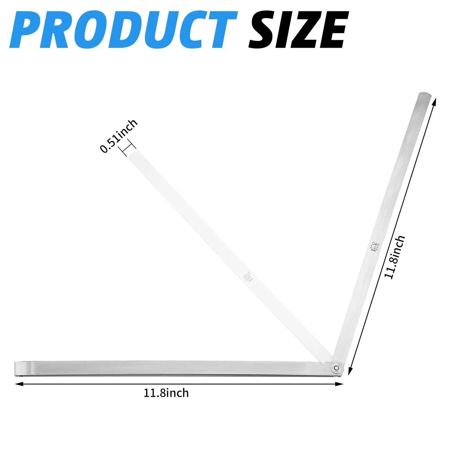 Product size diagram of 2 Piece Long Feeler Gauge Set With 25 Blades Stainless Steel Dual Marked Metric And Imperial Measuring Tool
