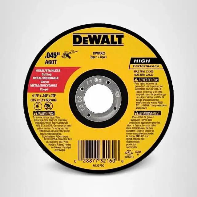 Front view of 4-1/2 Inch Cut Off Wheel For Angle Grinder Aluminum Oxide General Purpose 5 Pack with specifications and brand logo.