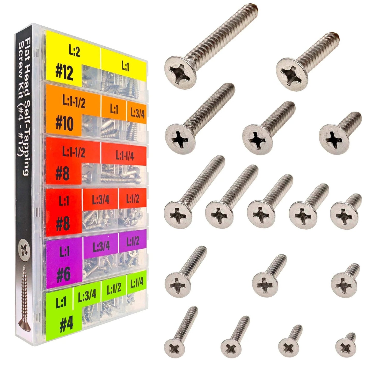 528 Pcs Self Tapping Screws Assortment Kit with SAE #4 #6 #8 #10 #12 Flat Head Phillips Drive Screws Made from 304 Stainless Steel Featuring 17 Sizes for Wood Plastic and Sheet Metal Applications