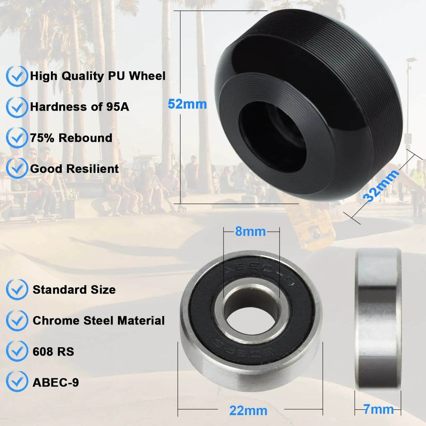 Premium 52mm 95A Hard Skateboard Wheel Set With Preinstalled Bearings And Spacers showing wheel dimensions and features chart
