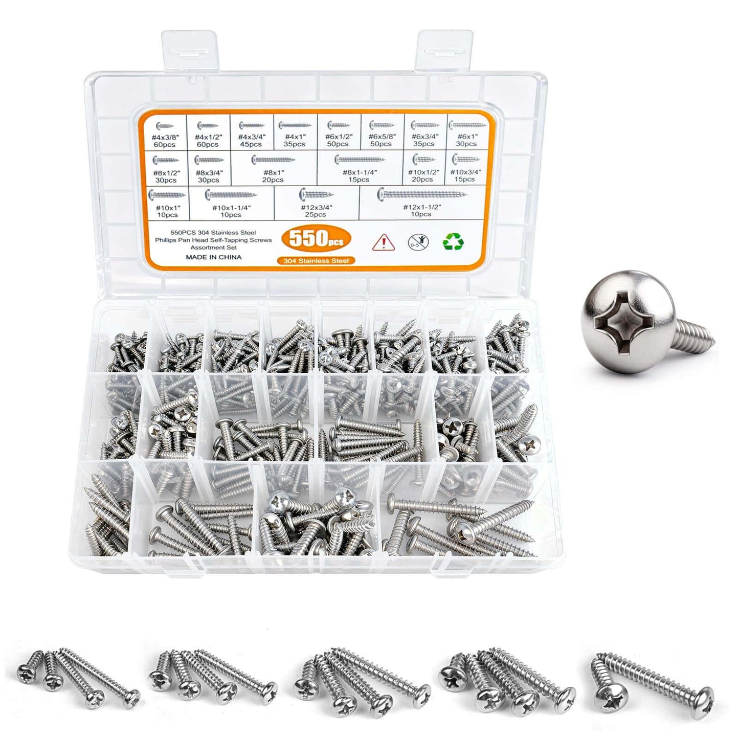 550 Pcs 304 Stainless Steel Wood Screws Assortment with #4 #6 #8 #10 #12 Phillips Pan Head Self Tapping Screws in 18 Sizes from 1/4 to 1-1/2 Inch for Metal Wood Drywall and Concrete