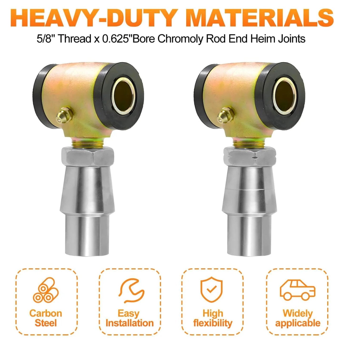 5/8-18 Heim Joint Rod End Kit, chromoly rod ends with reinforced polyurethane bushings, zinc plated carbon steel, front view