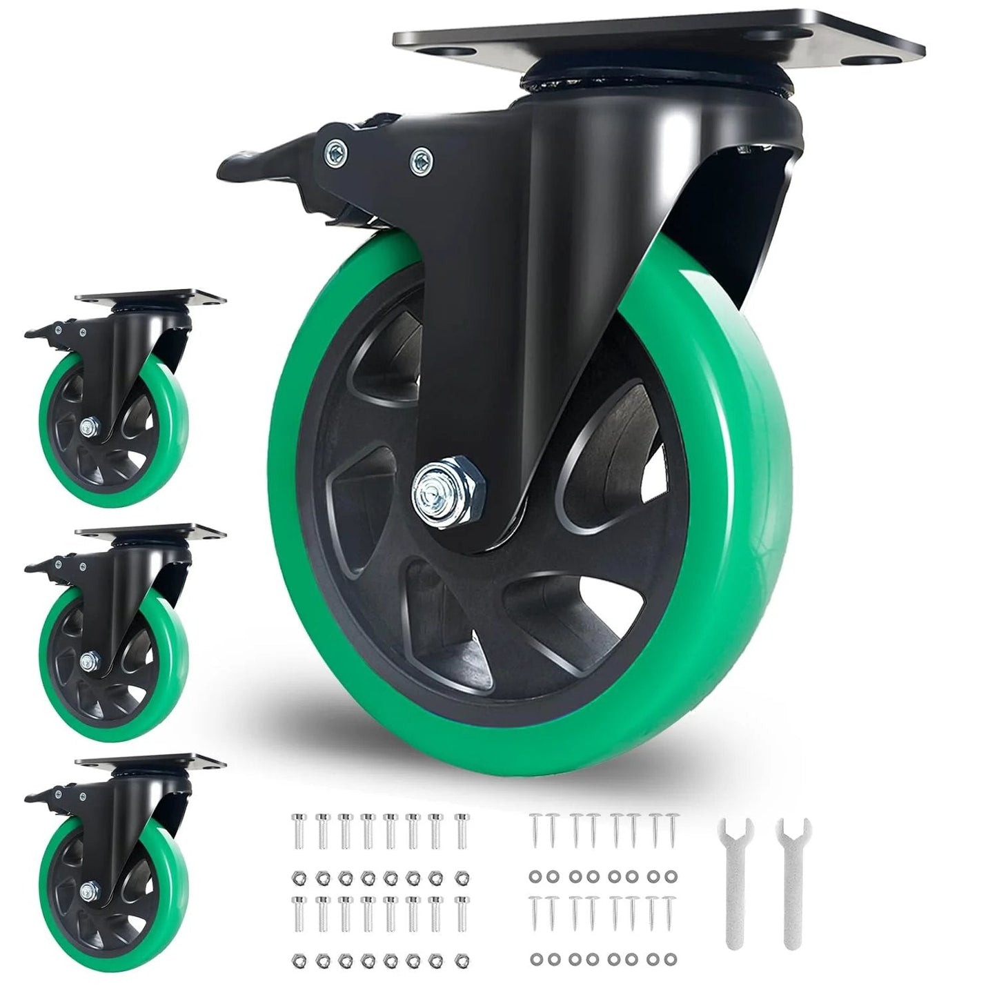 5 Inch Heavy Duty Swivel Plate Caster Wheels Set Of 4 With Brake Silent Polyurethane Castors For Furniture And Workbench Cart Durable Steel Top Plate And Double Ball Bearings Load Capacity Up To 550 Lb Per Caster 2200 Lb Total Green