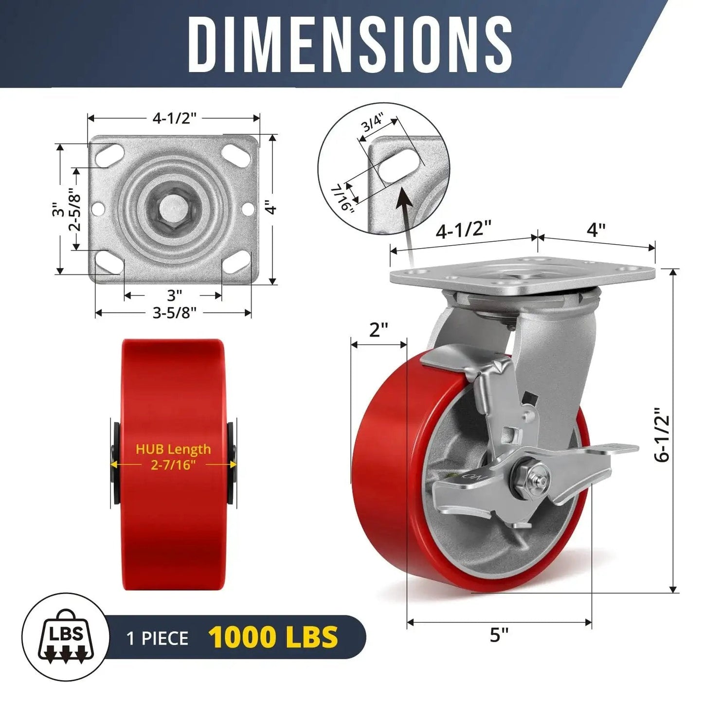 Dimensions of Heavy Duty 5 Inch By 2 Inch Polyurethane Casters With Four Brakes Industrial Grade Go To Mobility Wheels For Platform Trucks U Boat Carts And Workbenches 4000 Lb Capacity Durable Galvanized Steel Hubs HANDSAMMU