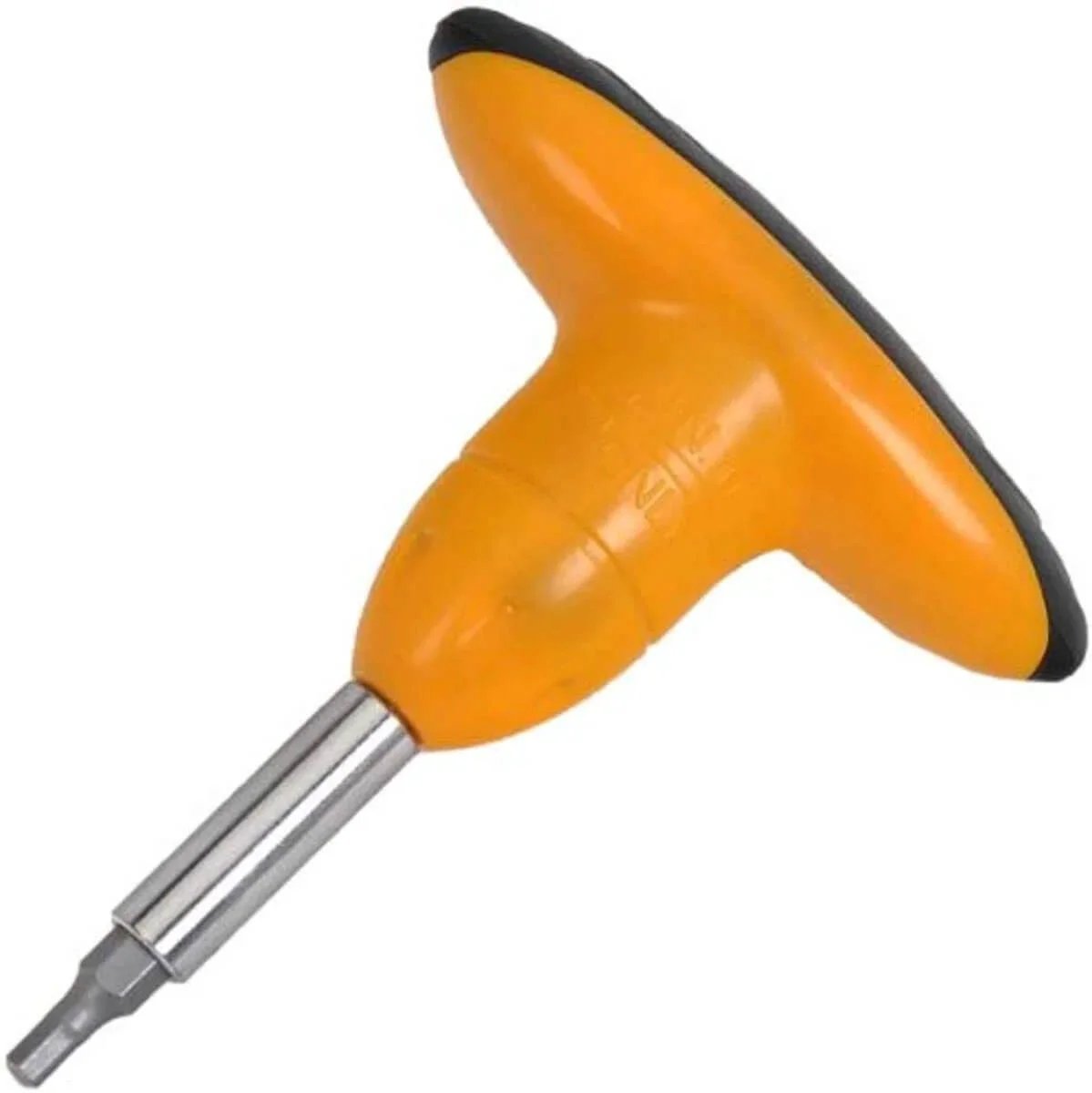 Close-up of 5 Newton Meters Pre Set Torque Limiting T Handle, Black with magnetic shank and yellow hi-vis finish.