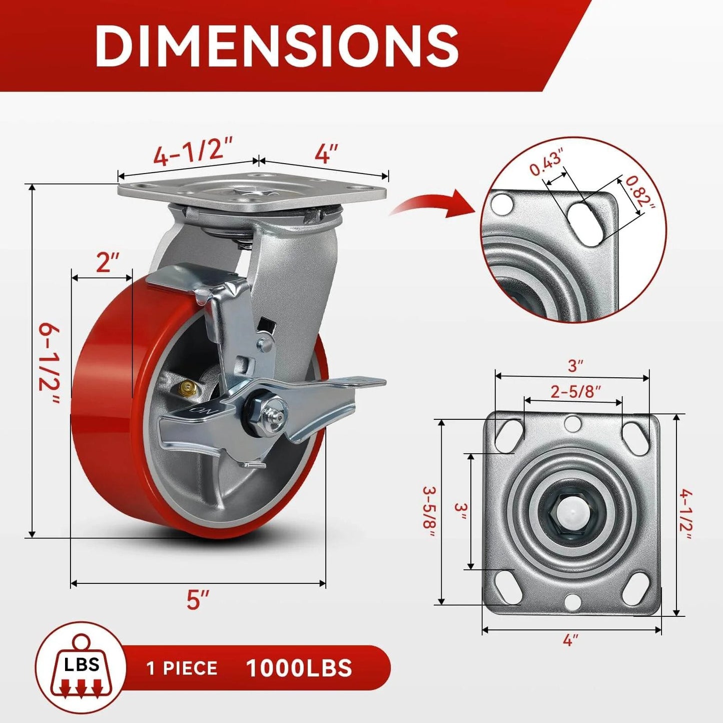 Dimensions of 5"x2" Industrial Casters - Heavy Duty casters, Polyurethane Casters Wheel, capacity up to 4000 Lb, with brake system