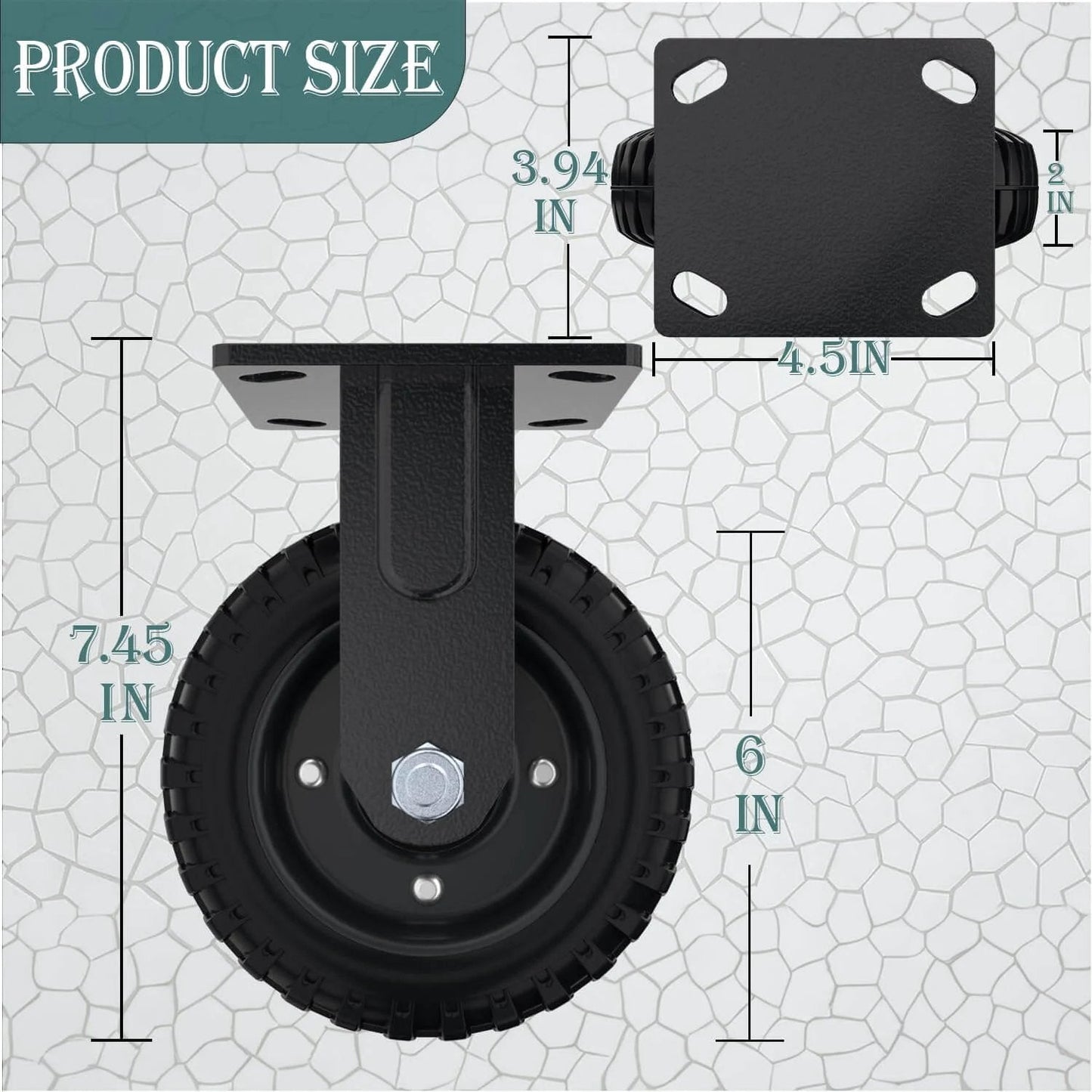 Diagram of 6 inch heavy duty caster wheel dimensions with mounting bracket, solid rubber, for outdoor use, part of set of 4, 1600lbs capacity