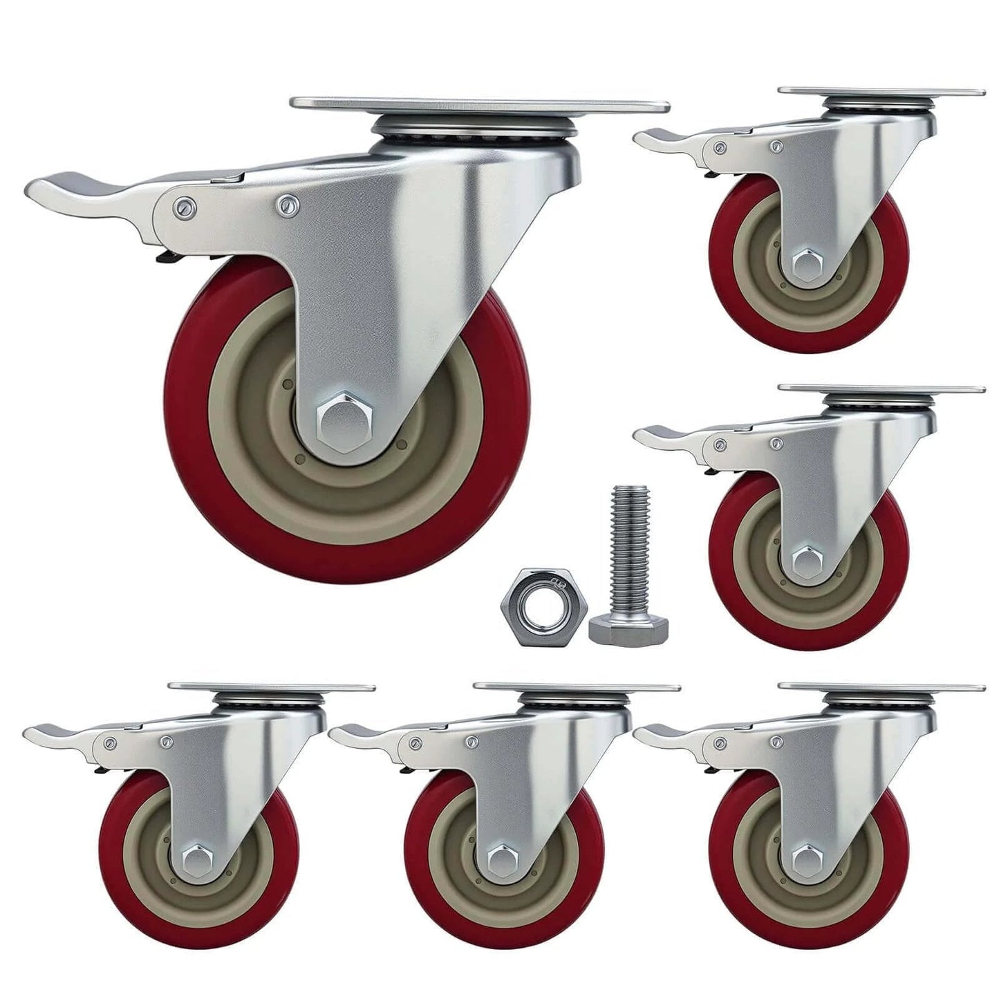 6 piece 4 inch heavy duty locking swivel casters with brakes, set designed for carts and workbenches with 3300 lb load capacity