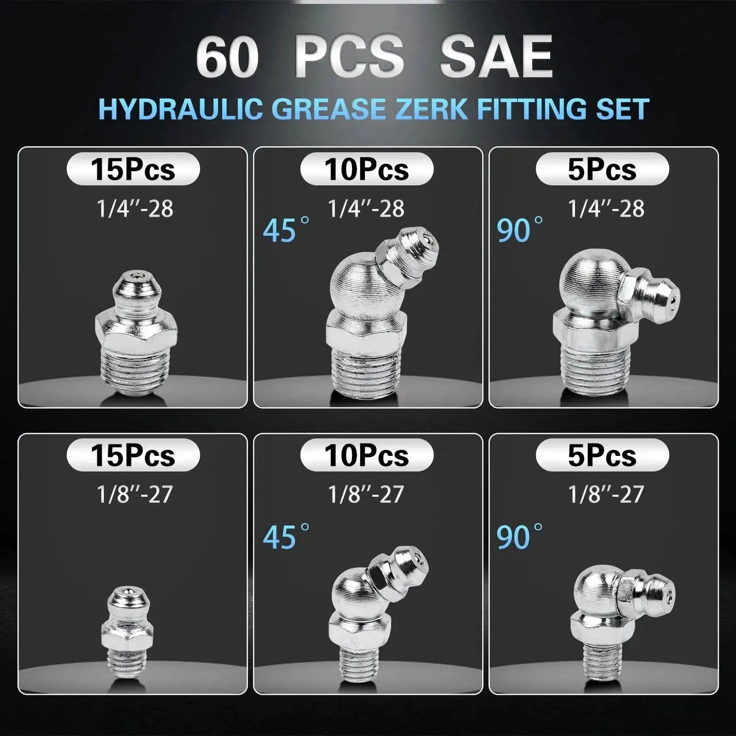 60 Piece Grease Fittings Kit With One Quarter Inch And One Eighth Inch BSP Threads Featuring Ninety Degree Forty Five Degree And Straight Angles