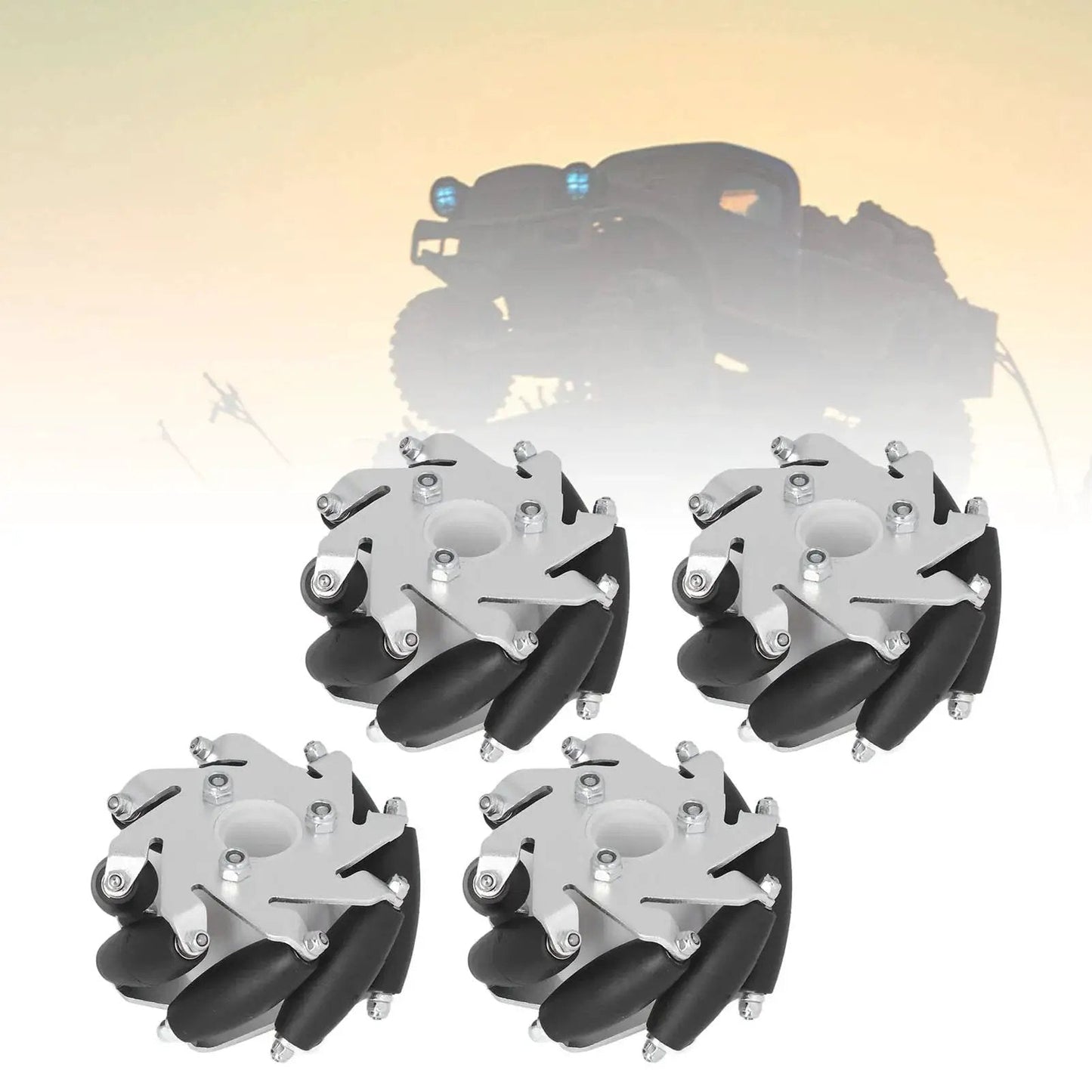 4 Pcs Mecanum Wheel 60mm Omni Directional Wheel Aluminum DIY Smart RC Robot Left Right Drive Components With Rubber Rollers visible in front of car
