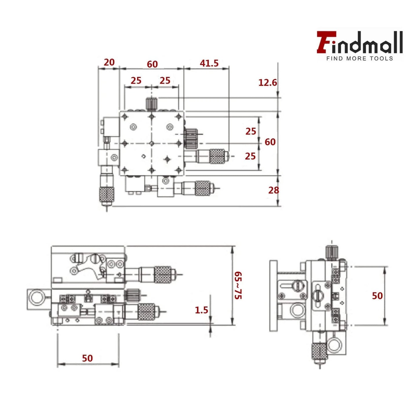 Technical diagram of the ✝️ 60 X 60mm XYZ Linear Stage 3 Axis Manual Linear Stage XYZ Sliding Platform Trimming Bearing Tuning Platform Sliding Table.