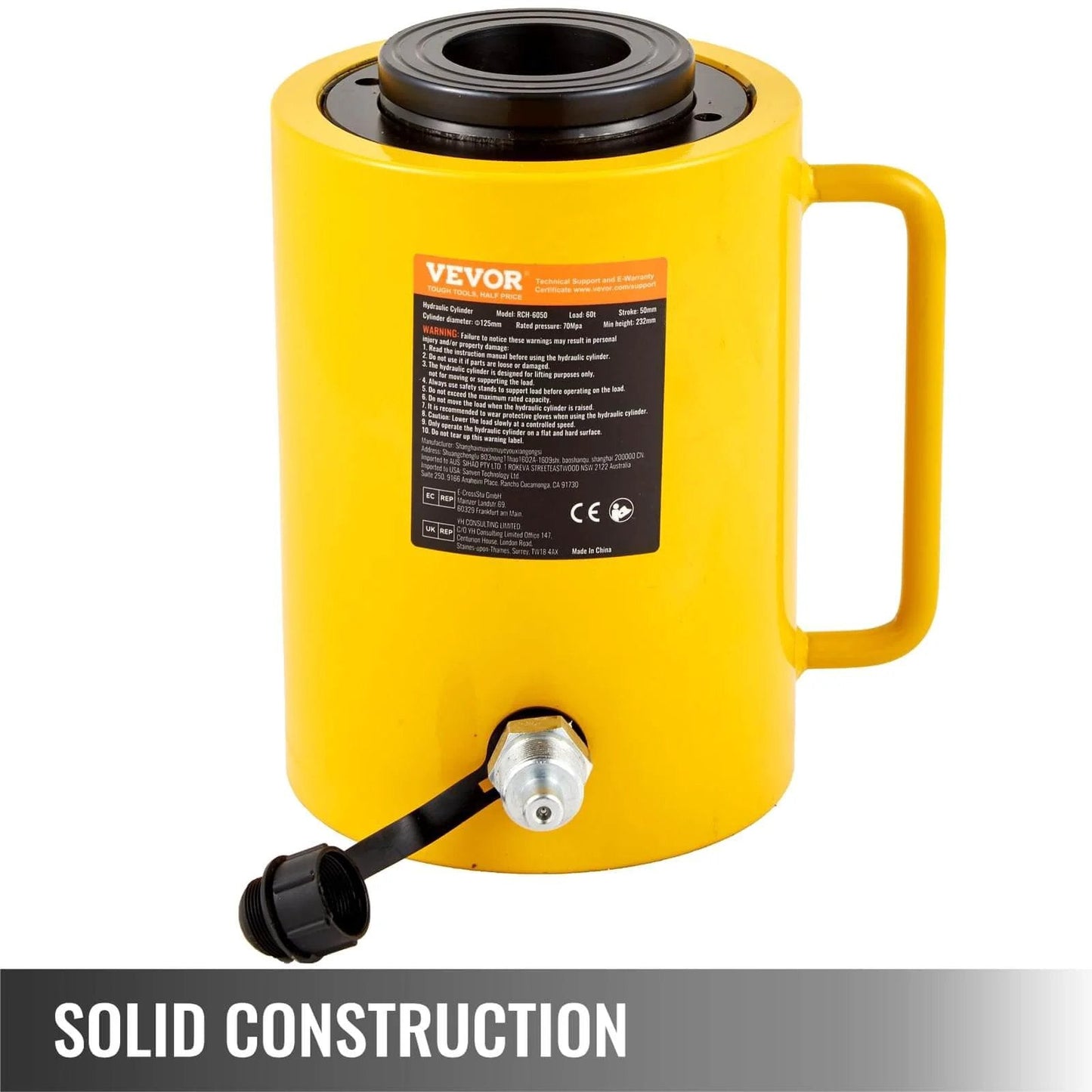 ✝️ 60T 2 Inch Hydraulic Cylinder Jack Hollow Single Acting Hydraulic Ram Cylinder in yellow with handle and valve - solid construction
