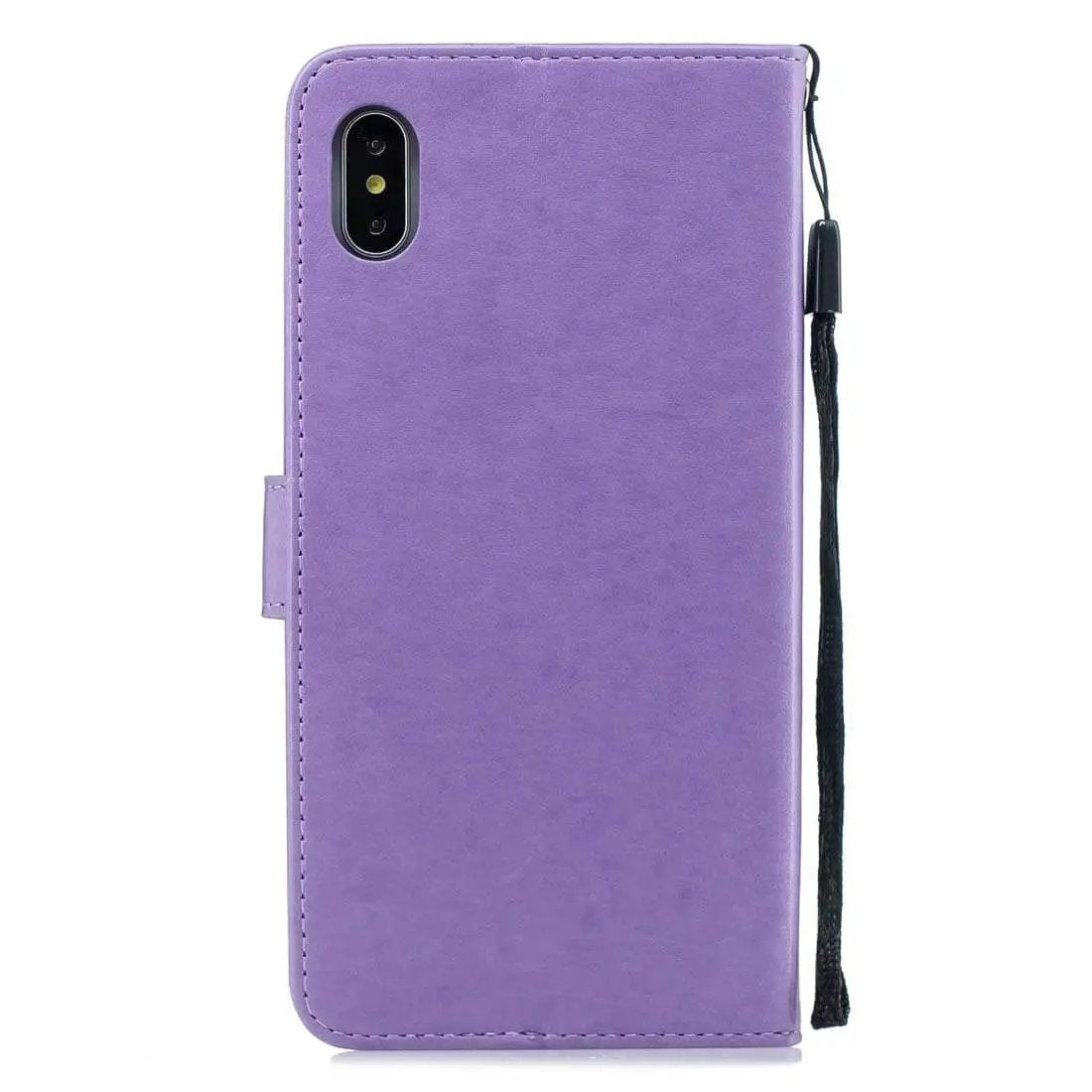 Back view of a purple phone case with a wrist strap, showing card slot and camera cutout.