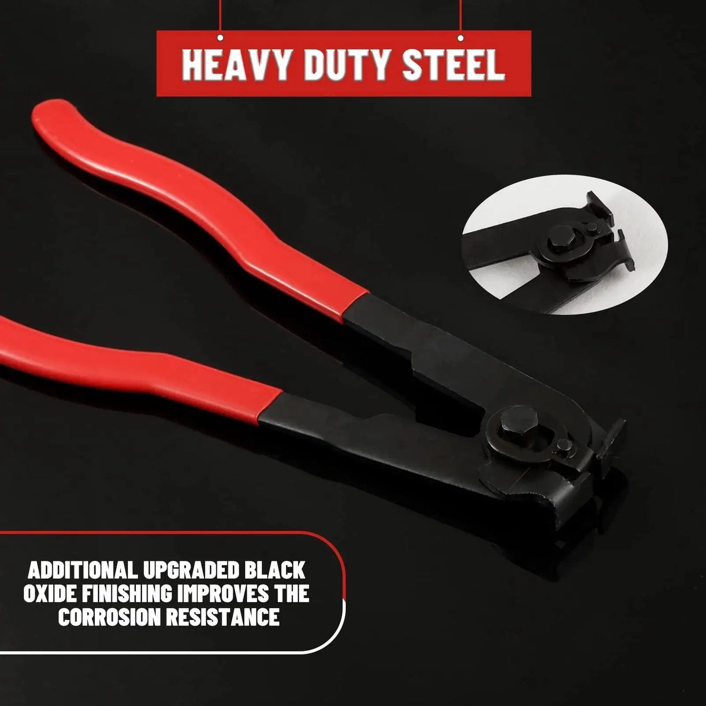 All In One Pro Grade CV Joint Boot Clamp Pliers Kit with red handles, heavy duty steel construction, and black oxide finish for durability.