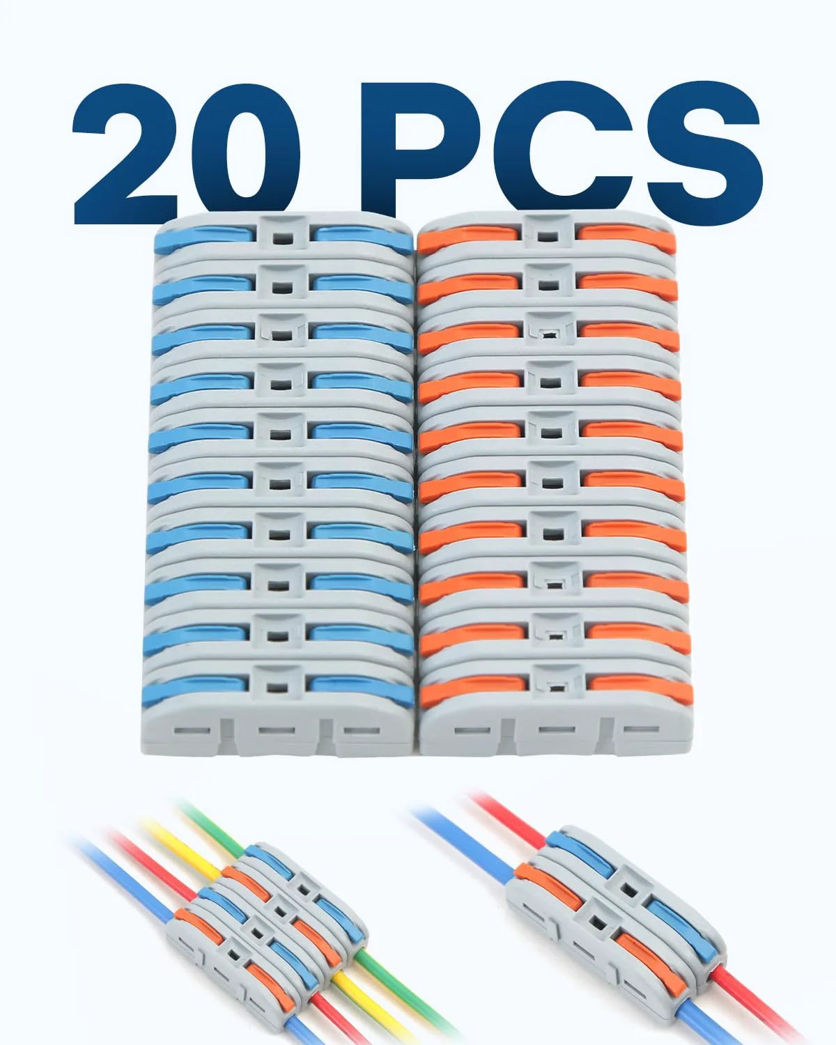 Lever Wire Connector Kit With 20 Pieces For Quick Connect Inline Splices And Push In Terminals, Professional Electrical Butt Compact Speaker Connector Set For AWG 28 To 12 Circuits, Safe Insulated Flame Retardant Housing, showing stacked connectors and wires.