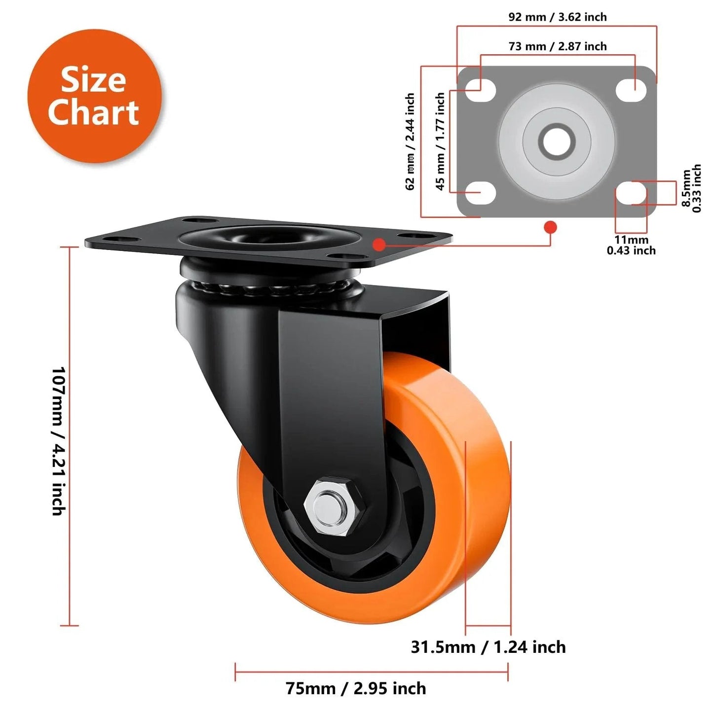 3 Inch Heavy Duty Caster Wheels Set Of 4 In Orange Polyurethane For Industrial Use, size chart for swivel top plate castors
