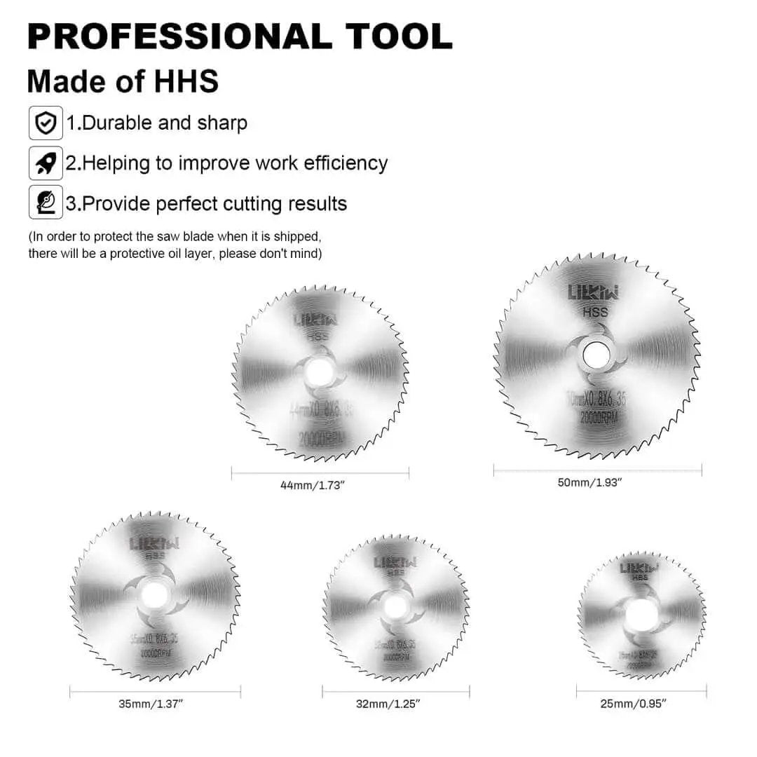 One Quarter Inch Hex Shank Rotary Drill Saw Kit With Five HSS Cutting Blades For Drills And Rotary Tools Includes 25mm 32mm 35mm 44mm And 50mm Disc Wheel Blades For DIY Home Improvement, showing five HSS blades of varying sizes on a white background.