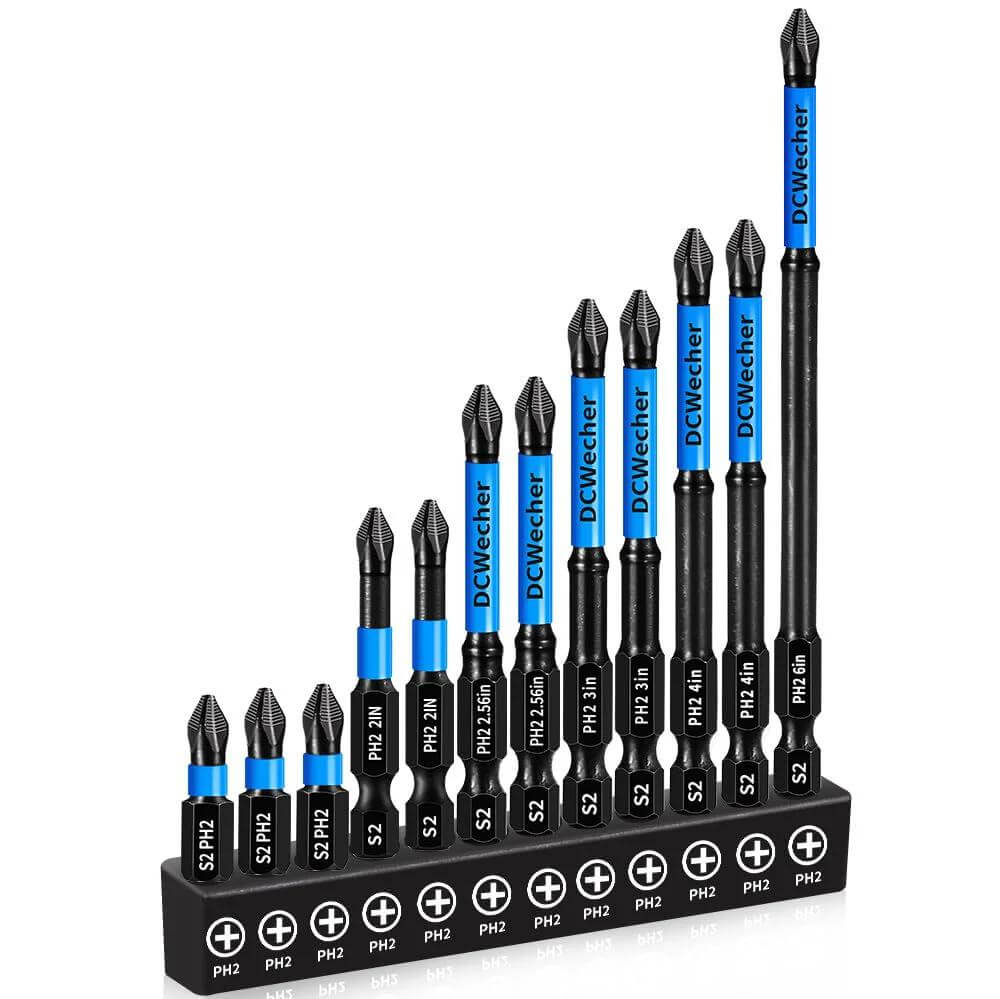 12 Pack Phillips Bits for Impact Drivers Magnetic Ph2 Set with Long Lengths 1 to 6 Inches S2 Alloy Steel CNC Anti Slip Quarter Inch Hex Shank for Driver and Screwdriver by DCWecher