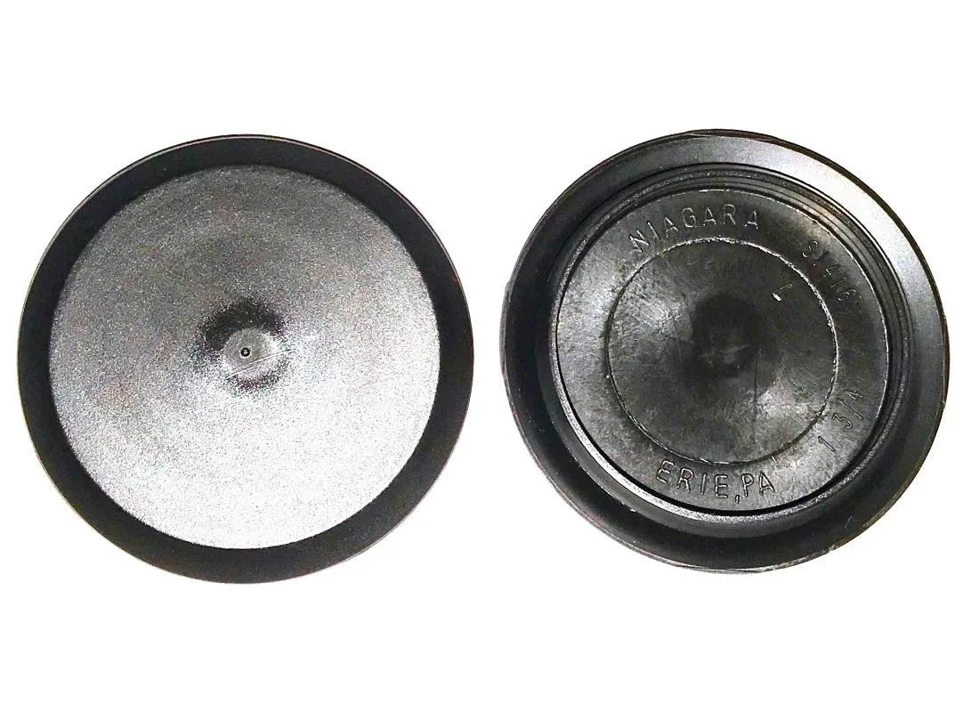 Front and back view of Hole Size Two And A Half Inch Flush Mount Hole Plug In Black Plastic Body For Sheet Metal With A Three Inch Head Diameter Pack Of Five