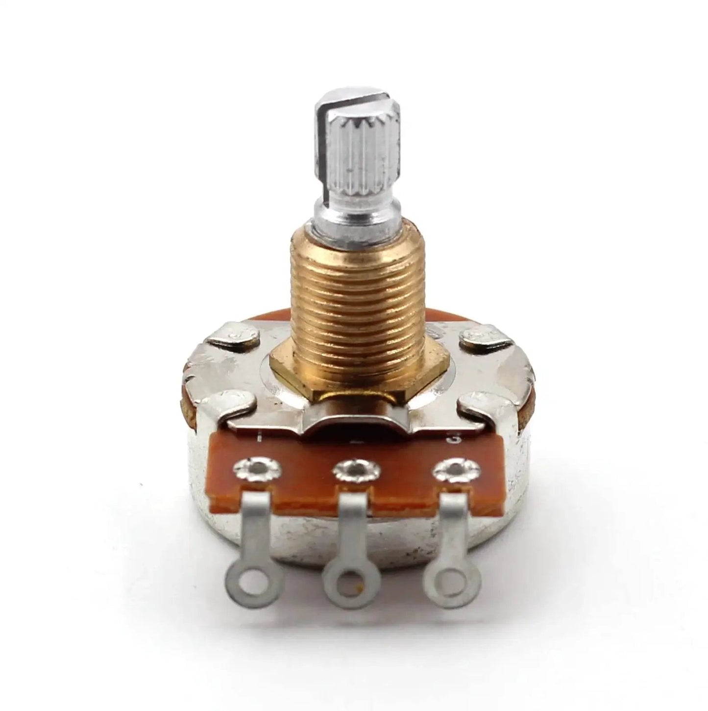 Front view of a 500K short split shaft audio taper potentiometer for guitars with low friction rotation and 3/8 inch imperial bushings.