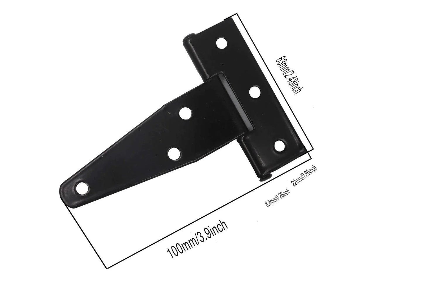 Eight Pieces Four Inch Galvanized T Shaped Hinge Set Including Triangular Hinge Slotted Bearing For Doors Iron Construction With Imitation Galvanized Coating Corrosion And Rust Resistant Fully Assembled And Easy To Install, front view with measurements.