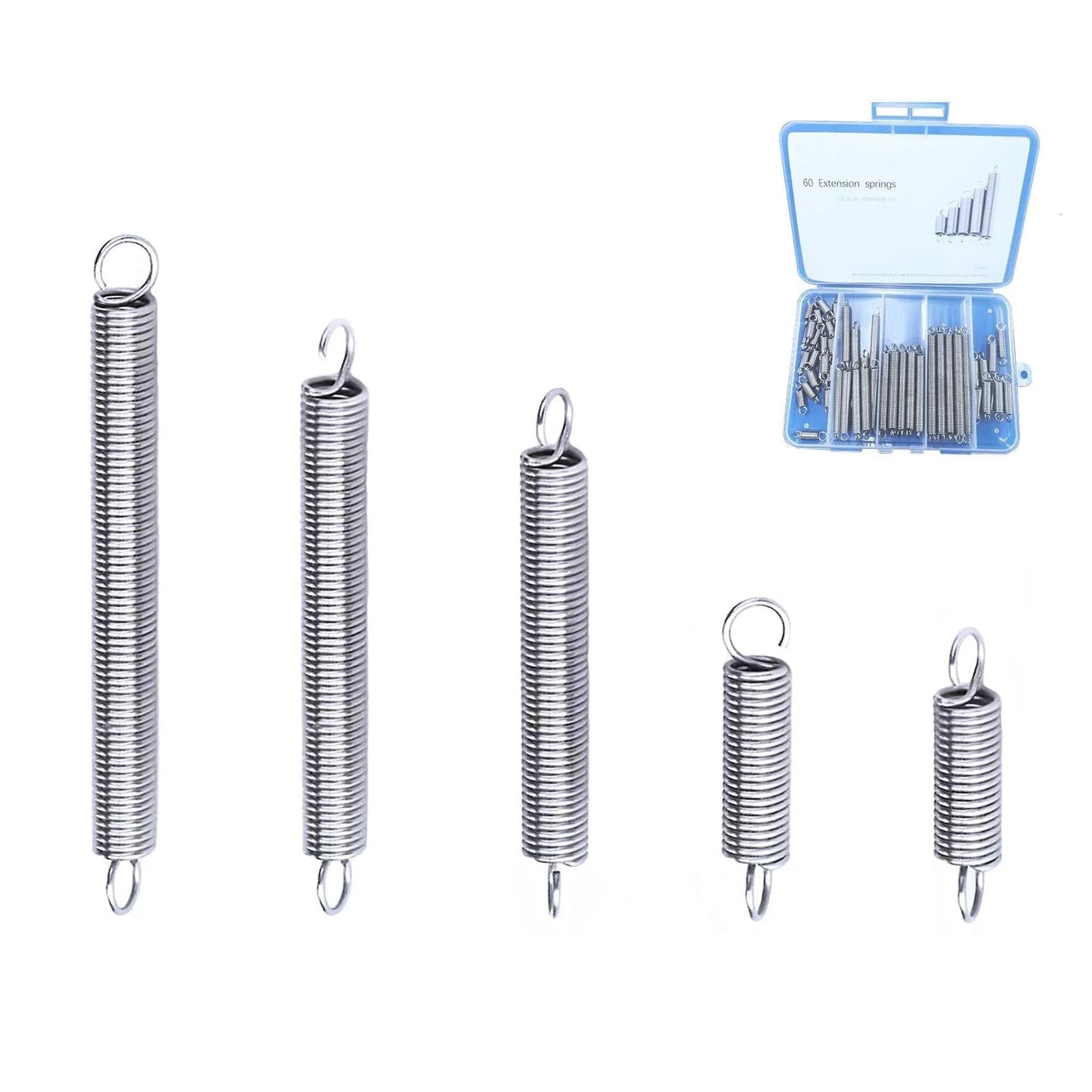 60Pcs Extension Spring Set With 304 Stainless Steel, 0.035 Inch Wire, One Quarter Inch Outside Diameter, Lengths From Thirteen Thirty-Seconds Inches To Two And One Quarter Inches, Hook Ends, Neatly Packed In Transparent Storage Box