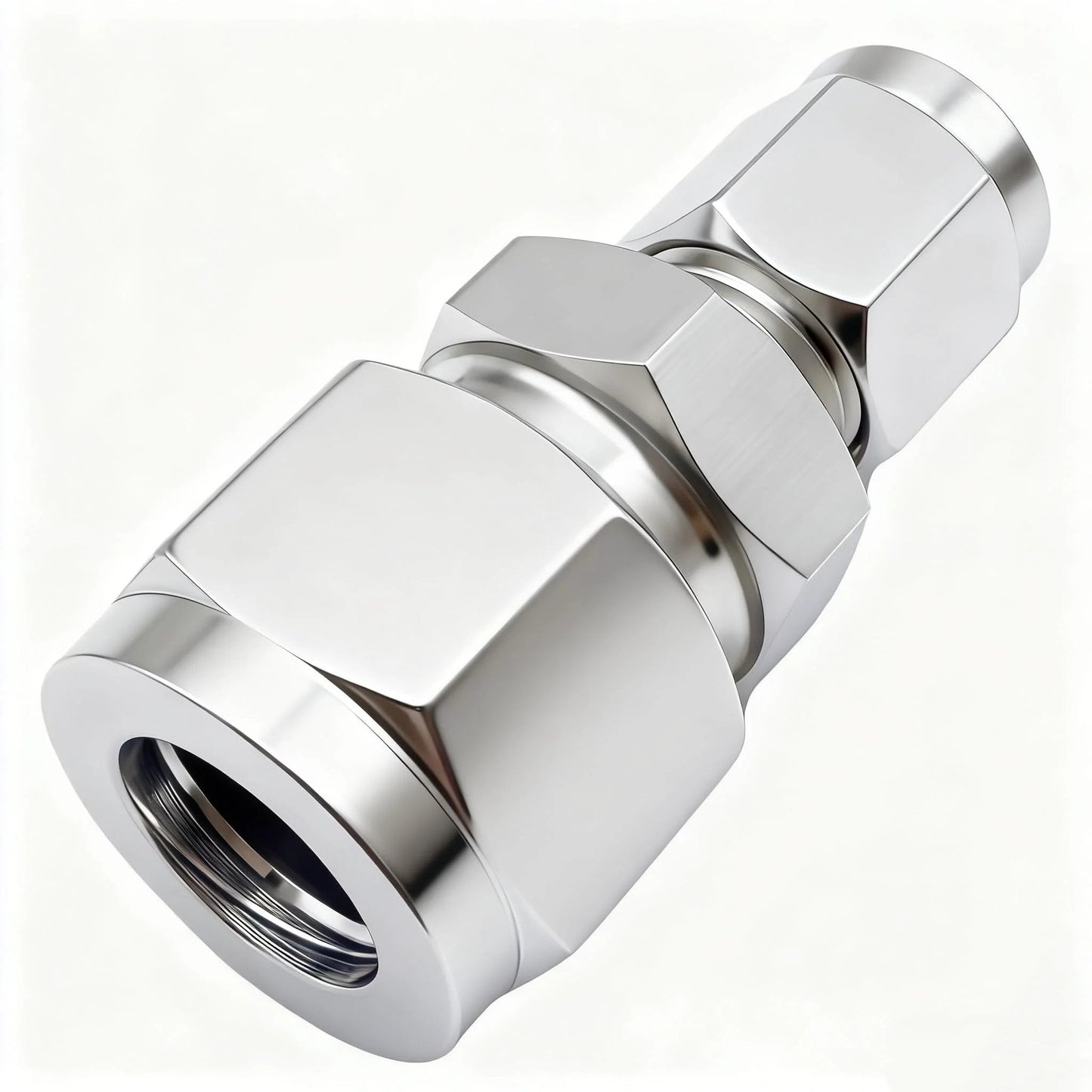 Premium 304 Stainless Steel Compression Tube Fitting Reducing Union With Double Ferrule Straight Adapter One Quarter To Three Eighths Inch Tubing For Fuel Oil Air And Some Corrosive Liquids Corrosion Resistant And High Temp Tolerant Two Pack Lophtnix, close-up view of the fitting.