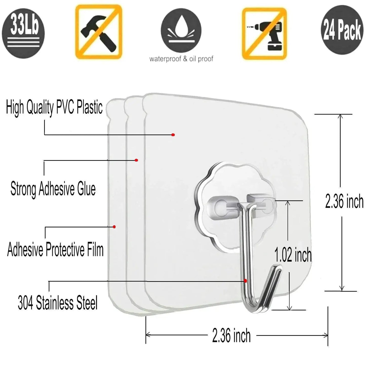 Heavy Duty Self Adhesive Hooks 33Lb Max Transparent Waterproof Wall Hooks for Keys Bathroom, showing dimensions and material