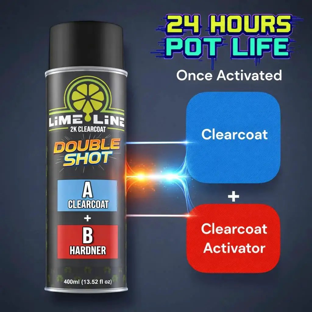 2K Clearcoat Spray For Automotive Finish With Dual Chamber Activation showing aerosol can and activation graphic.