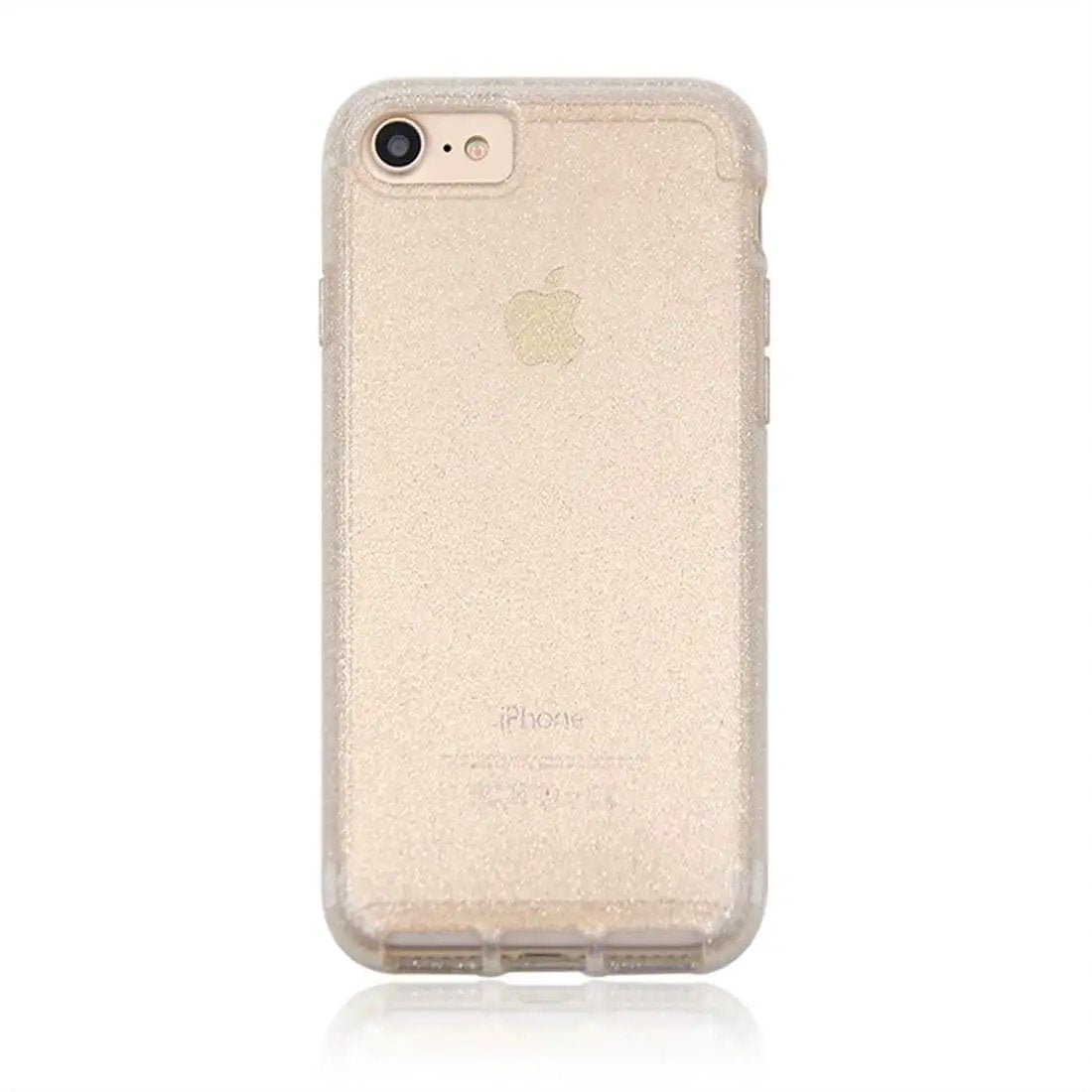 Transparent protective case on iPhone with glitter finish, showcasing back camera and Apple logo on a white background.
