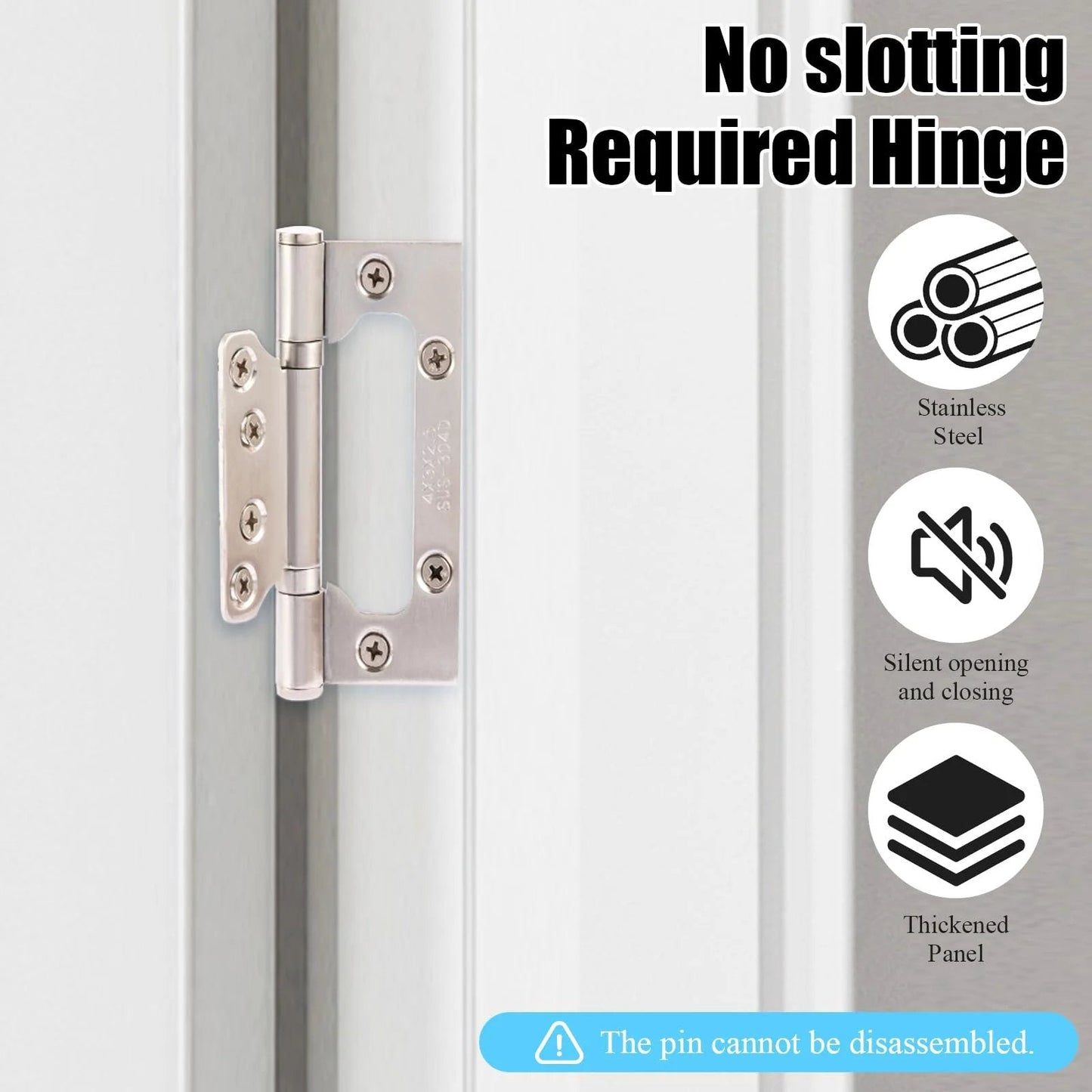 3 Pack Non-Mortise Stainless Steel Door Hinges 4 Inch By 3 Inch, Heavy Duty, Smooth Quiet Operation With Anti Rust Bearings, No Fuss Easy To Install For Interior Doors, Silver shown installed on door
