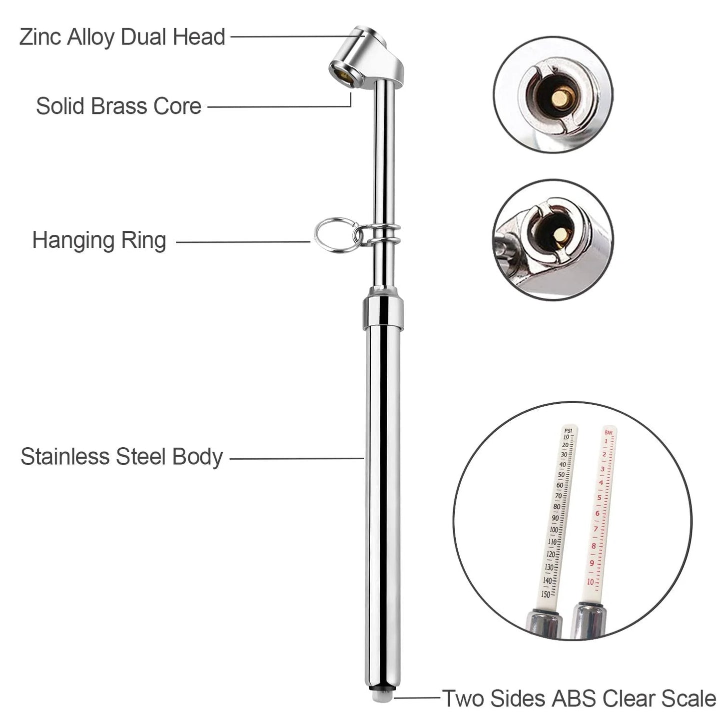 Pen Style Truck Tire Pressure Gauge With Dual Head Chucks For Inner And Outer Wheels, 10 To 150 PSI Range, Heavy Duty Pen Gauge, Accurate ABS Scale, Pack Of 2 By Atsafepro showing zinc alloy dual head and ABS scale detail.